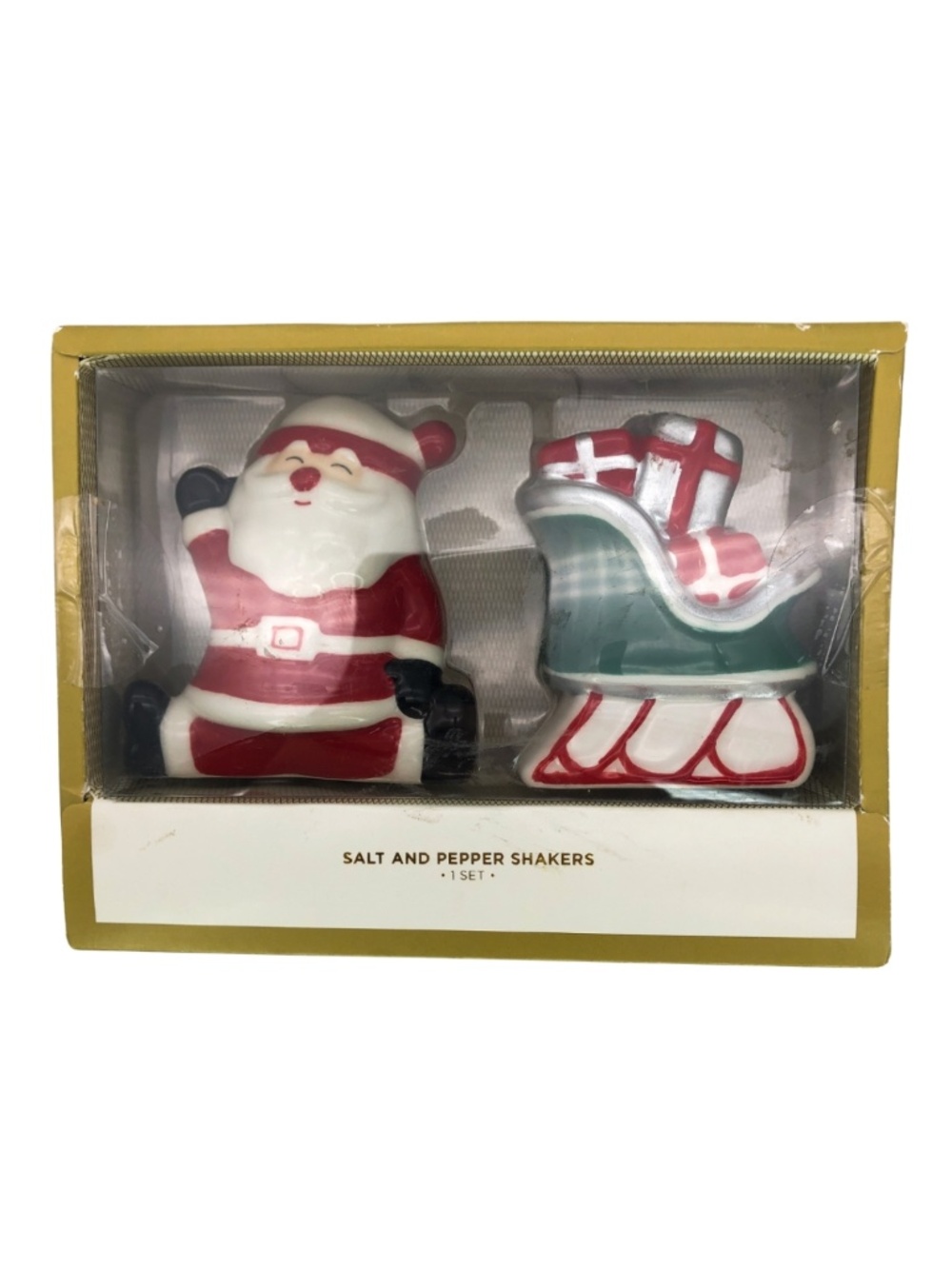 Earthenware Salt Pepper Shakers for Christmas - Santa Claus & Sleigh NEW IN BOX